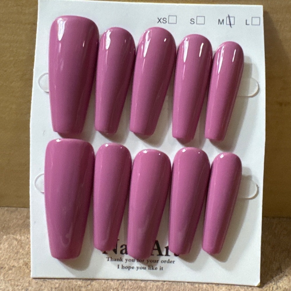 Mauve Pink Glossy Long Coffin‎ Press On Nails Set Size Medium 10pc
